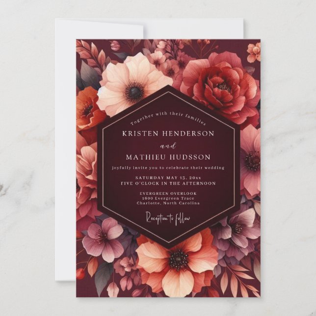 Invitation Mariage Vintage Floral Bourgogne (Devant)