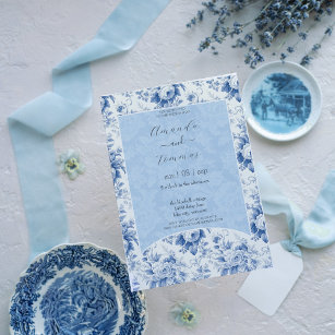 Invitation Mariage vintage Floral Toile Bleu