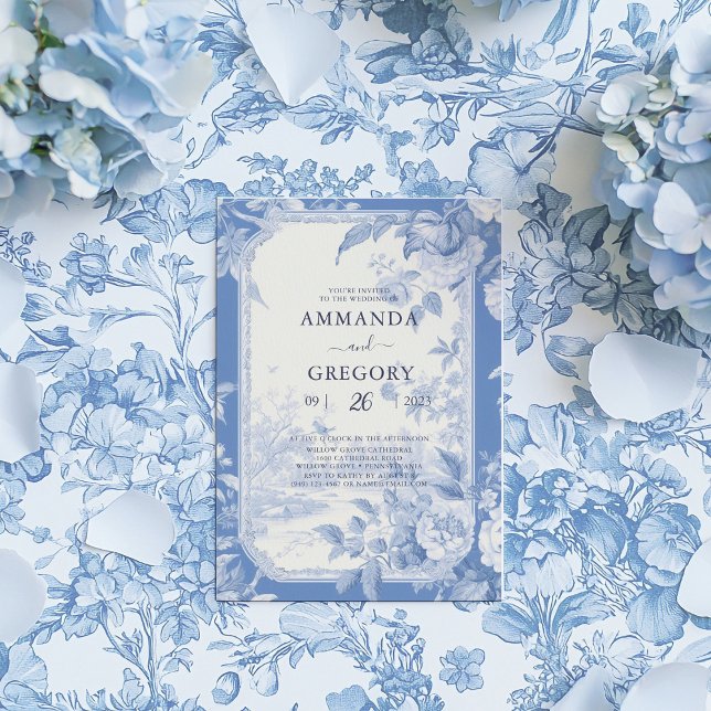 Invitation Mariage vintage Floral Toile Bleu (Créateur téléchargé)