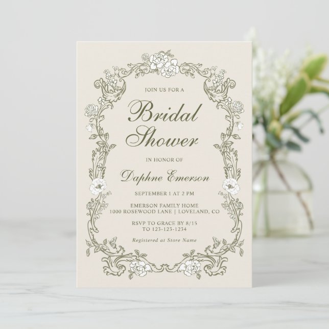 Invitation Mariage Vintage Floral Vert (Debout devant)