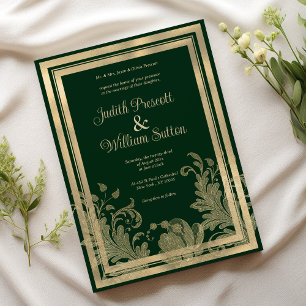 Invitation mariage vintage forestier vert or fleuri