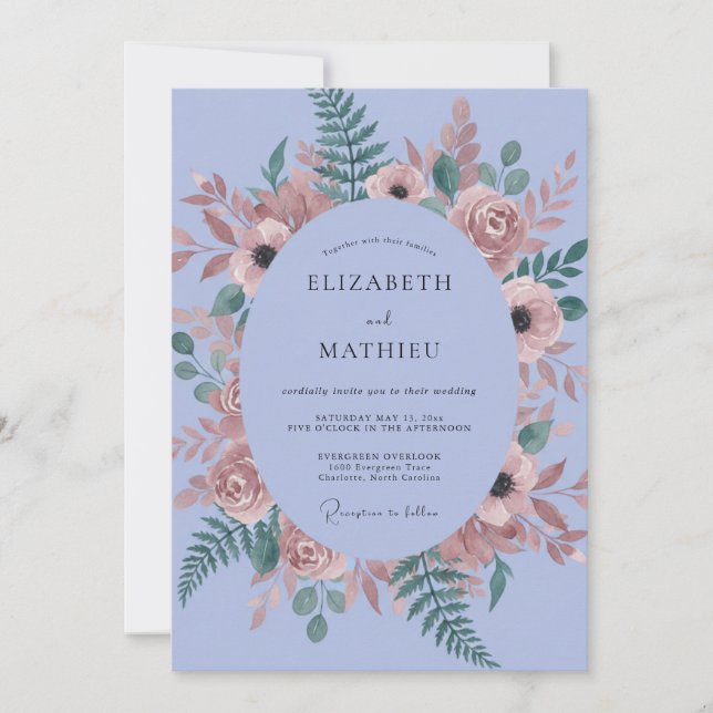 Invitation Mariage Vintage Fougère Anémone Pervenche (Devant)