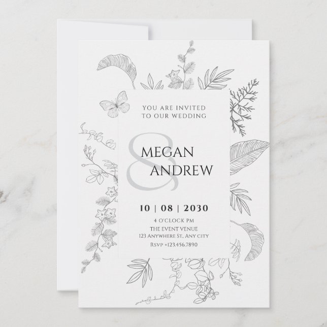 Invitation mariage vintage gris à fleurs (Devant)