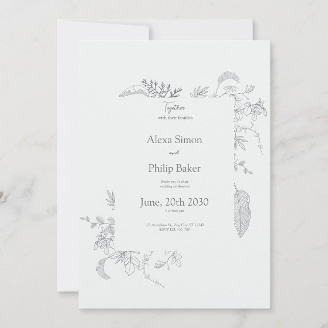 Invitation mariage vintage gris élégant à fleurs (Devant)