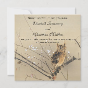 Invitation Mariage vintage, hibou japonais et prunier
