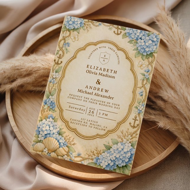 Invitation Mariage Vintage Hydrangea Nautique (Créateur téléchargé)