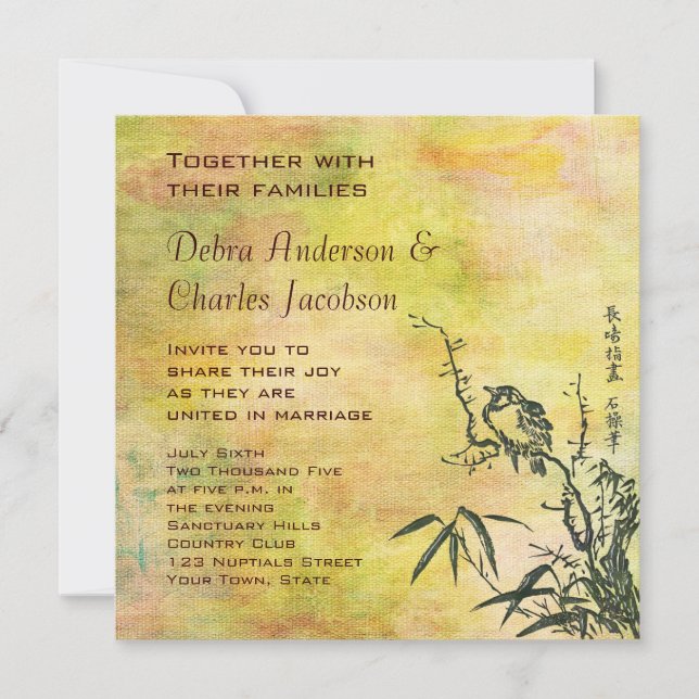 Invitation Mariage vintage japonais d'oiseaux (Devant)