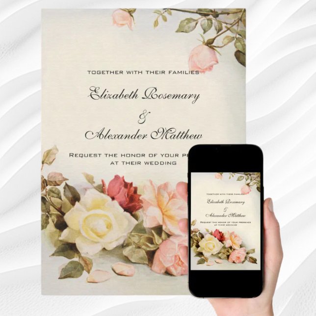 Invitation Mariage vintage Jardin antique Fleurs Roses (Vintage Wedding Antique Garden Rose Flowers Invitation)