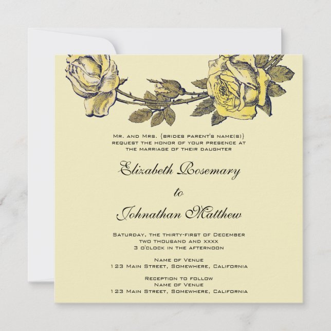 Invitation Mariage vintage, Jaune Antique Jardin Rose Wreath (Devant)