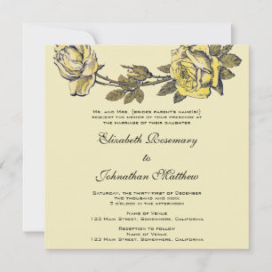 Invitation Mariage vintage, Jaune Antique Jardin Rose Wreath
