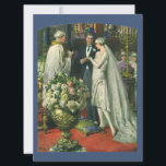 Invitation Mariage Vintage, Mariée et Marié avec Ménorah<br><div class="desc">Illustration vintage d'amour et de romance de cérémonie de mariage représentant un couple se mariant dans une belle synagogue avec des vitraux,  des fleurs et une ménorah à sept branches. La mariée porte une longue robe de mariée blanche et le marié est élégant dans son smoking.</div>