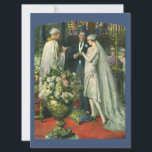 Invitation Mariage vintage, Mariée et Salle avec Menorah<br><div class="desc">Illustration vintage image de cérémonie d'amour et de romance mariage montrant un couple se marier dans une belle synagogue avec vitraux,  fleurs et une menorah à sept branches. La mariée porte une longue robe blanche mariage et le marié est beau dans son smoking.</div>