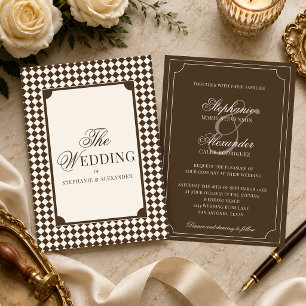Invitation Mariage Vintage Marron Moka Carreaux Argent Ancien