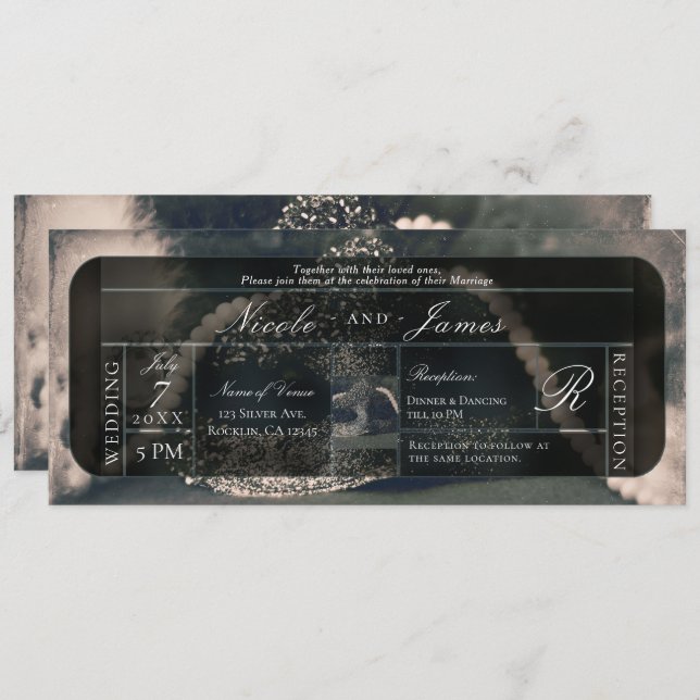 Invitation Mariage vintage Masquerade & Perles (Devant / Derrière)