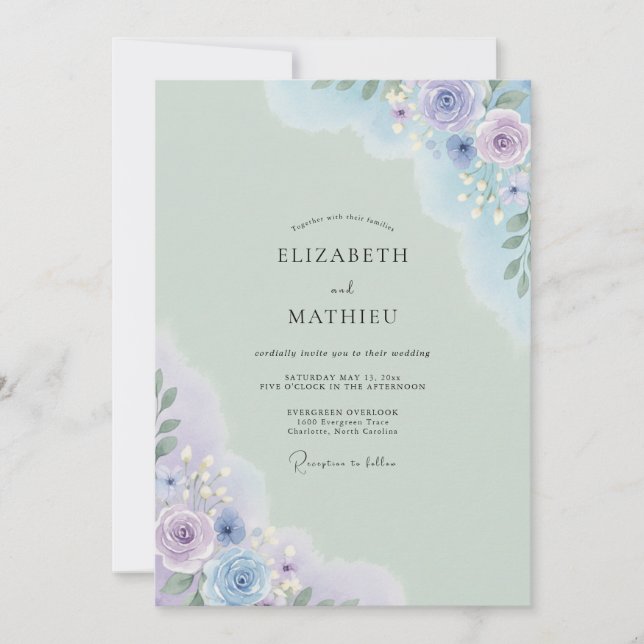 Invitation Mariage Vintage Menthe Pervenche Pivoine (Devant)