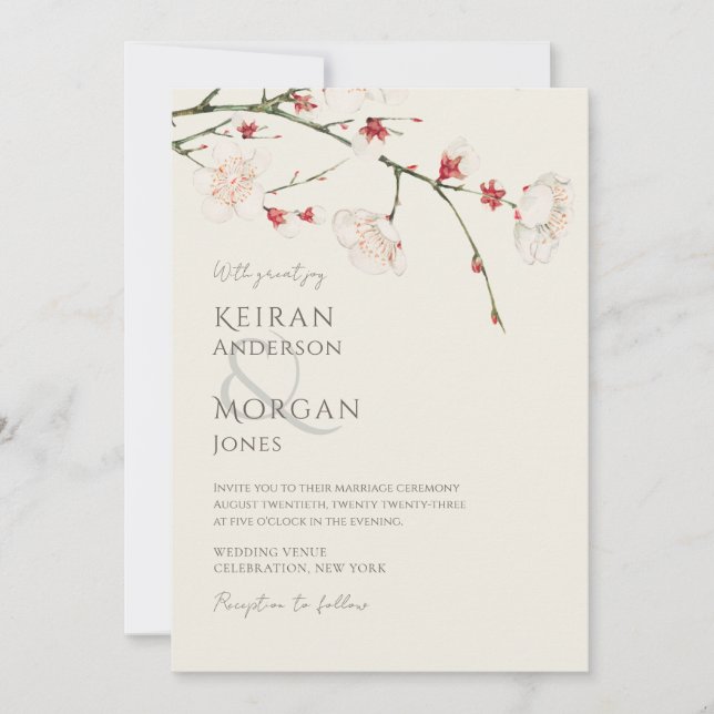 Invitation Mariage Vintage minimal en fleur de cerise (Devant)