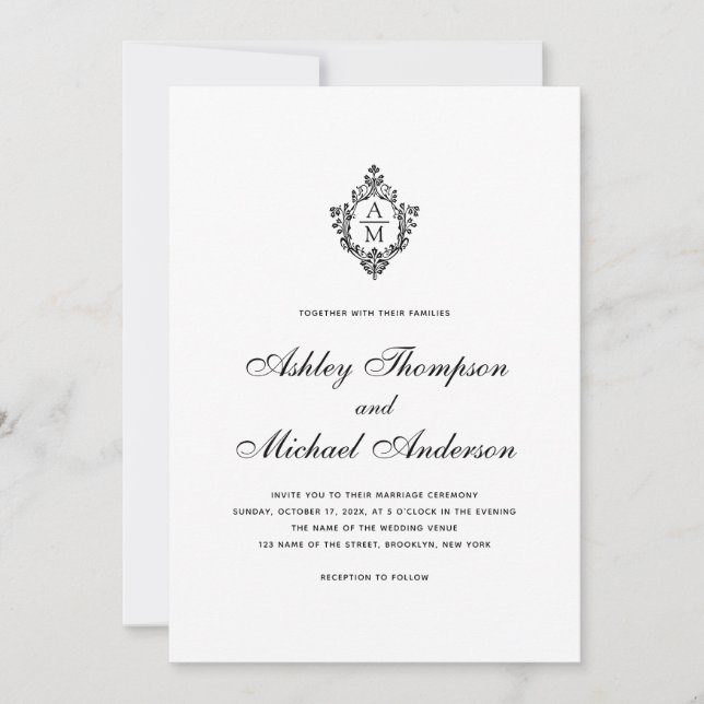 Invitation Mariage vintage Monogramme Crest noir blanc Script (Devant)