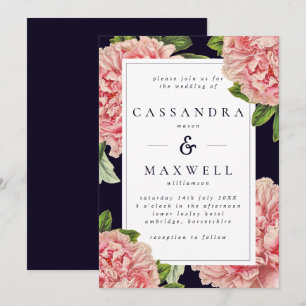 Invitation Mariage Vintage Navy et Pivoine Rose Humeur