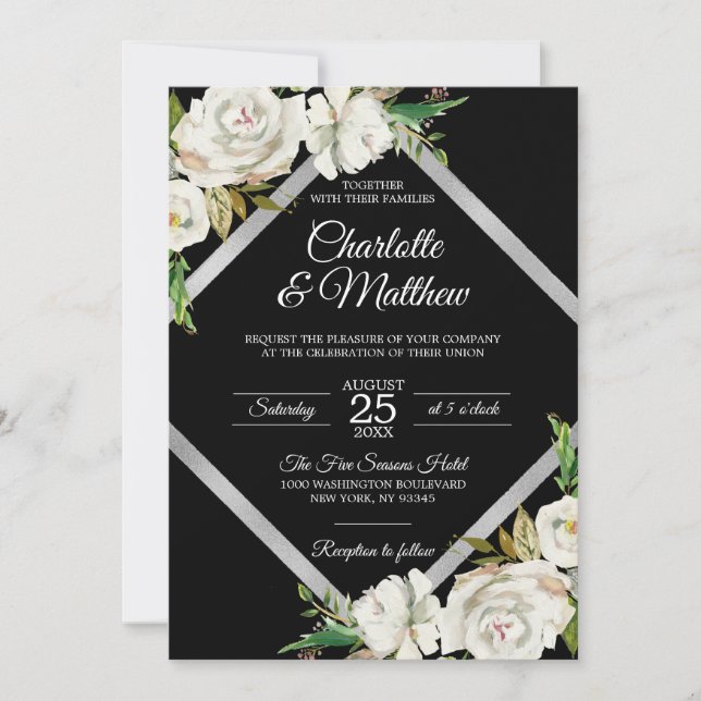 Invitation Mariage Vintage noir blanc + détails RSVP (Devant)