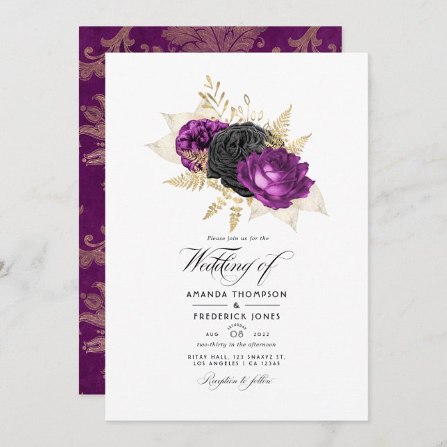 Invitation Mariage Vintage noir et violet (Devant / Derrière)
