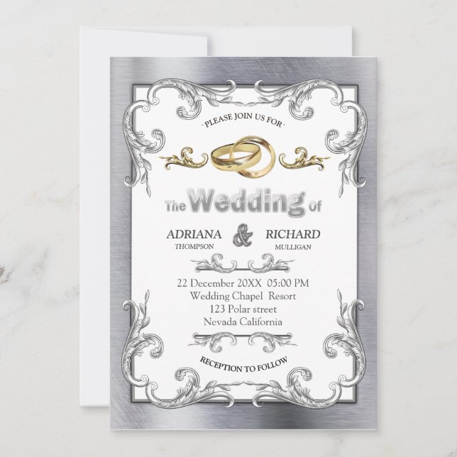 Invitation Mariage Vintage Or-Argent-Bronze Feuille (Devant)