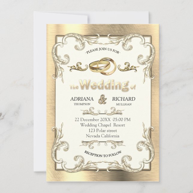 Invitation Mariage Vintage Or-Argent-Laiton Feuille (Devant)