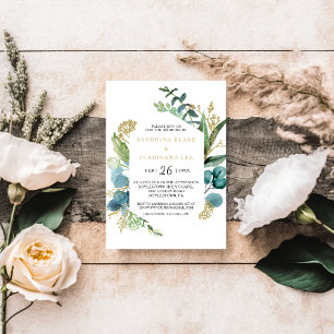 Invitation Mariage vintage or et vert Eucalyptus