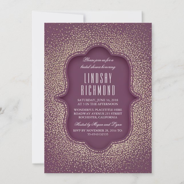 Invitation Mariage Vintage Or Paillettes Prune (Devant)