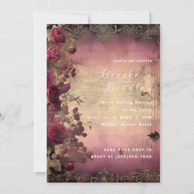 Invitation Mariage Vintage Parchemin & Rose (Devant)