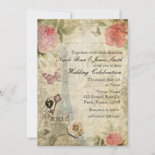 Invitation Mariage Vintage Paris Roses Roses Clé et Serrure