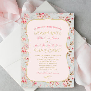 Invitation Mariage vintage Pink Gold Floral Garden Party
