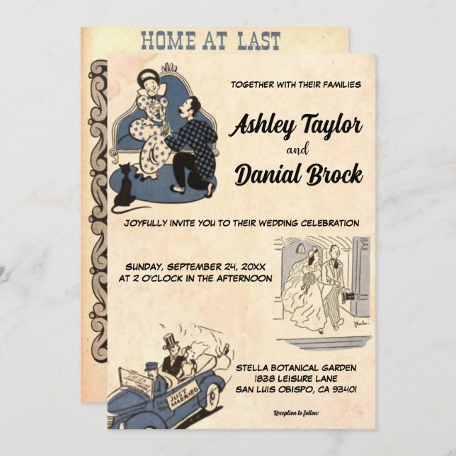 Invitation Mariage Vintage Rétro Ancien Romantique Bande Dess (Devant / Derrière)