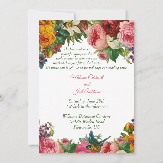 Invitation Mariage Vintage Romantique Roses & Oiseau Bleu (Devant)