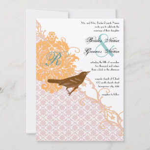 Invitation Mariage Vintage Rose Corail Aqua Endive Damassé