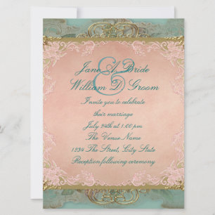 Invitation Mariage Vintage Rose Turquoise et Or