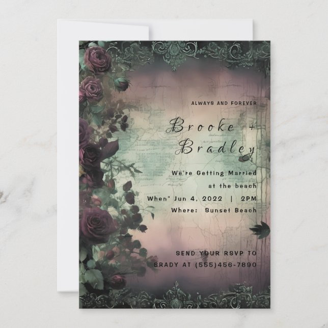 Invitation Mariage Vintage Rose Vert & Marron (Devant)