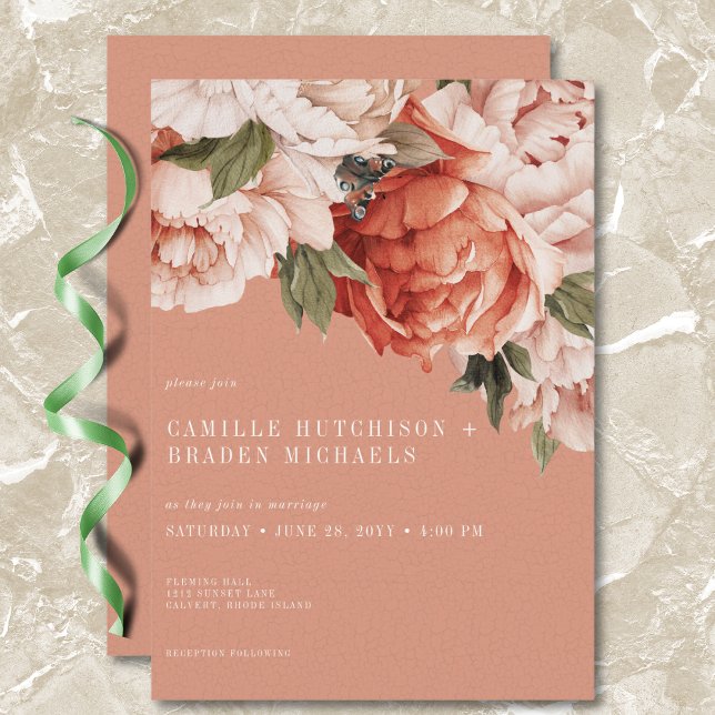 Invitation Mariage vintage Rustic Rust & Peach Peonies (Vintage Rustic Rust & Peach Peonies Wedding Invitation)