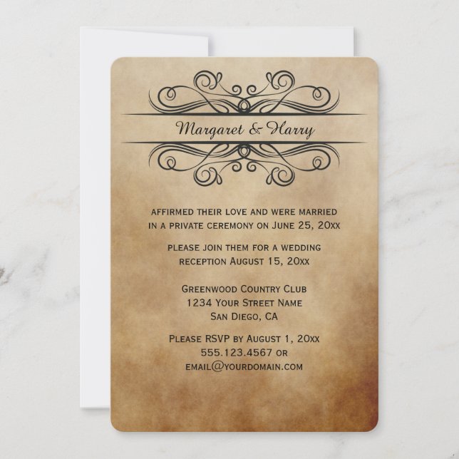 Invitation Mariage Vintage Rustique Brun et Noirs Parchemins (Devant)