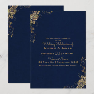 Invitation Mariage Vintage Rustique Glam Rose Coins Bleu Or
