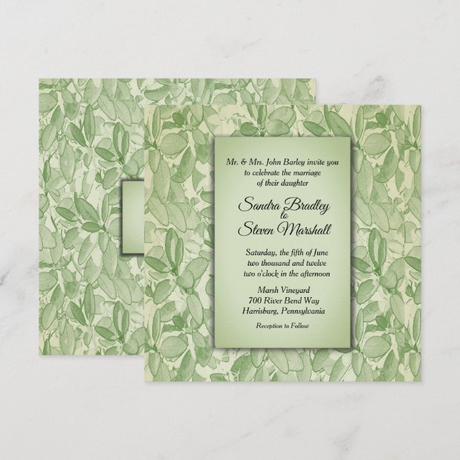 Invitation Mariage Vintage Thème Vert Olive (Devant / Derrière)