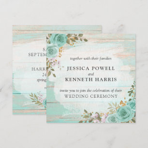 Invitation Mariage Vintage Turquoise Bois Rustique Roses Fleu