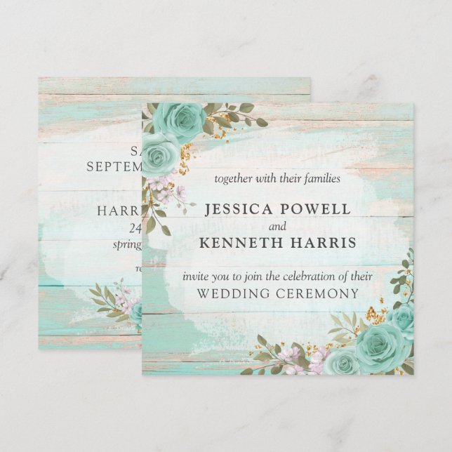 Invitation Mariage Vintage Turquoise Bois Rustique Roses Fleu (Devant / Derrière)