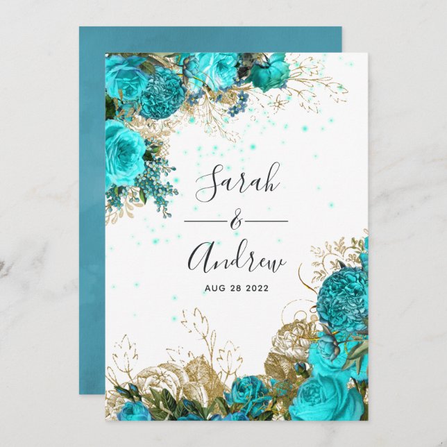 Invitation Mariage vintage Turquoise et Gold Shabby (Devant / Derrière)