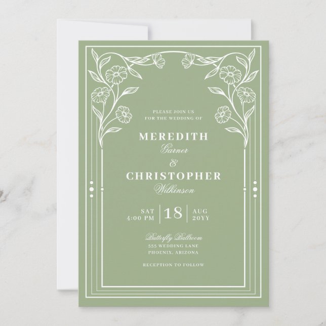 Invitation Mariage Vintage Vert Sage (Devant)