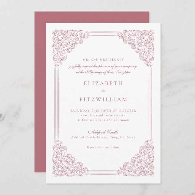 Invitation Mariage Vintage Victorian Muet Rose (Devant / Derrière)
