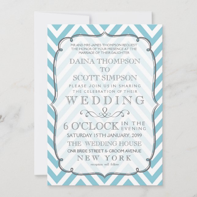 Invitation Mariage Vintage White & Sky Blue Chevron Stripes (Devant)