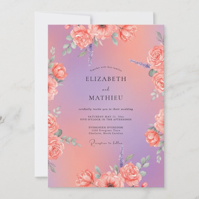 Invitation Mariage Violet Abricot Ranunculus Eucalyptus (Devant)