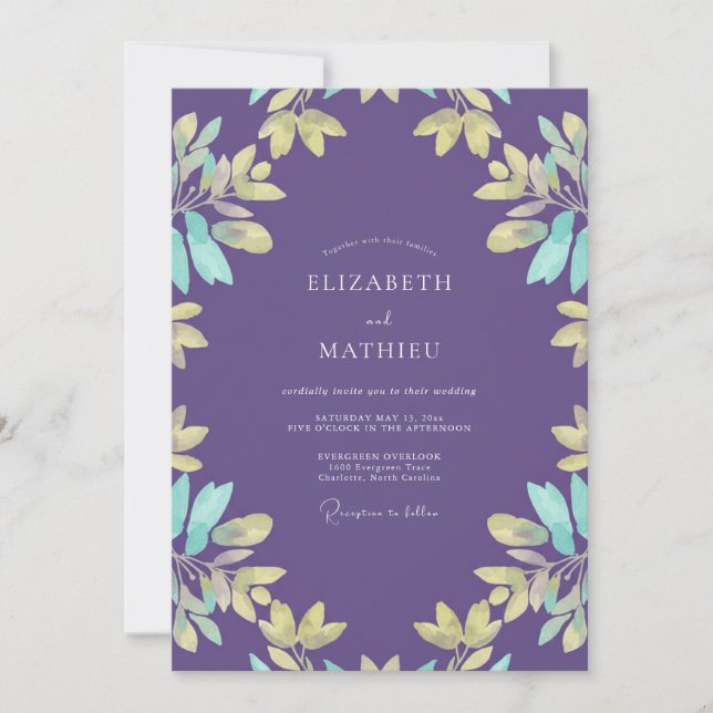 Invitation Mariage Violet Aqua Feuillu (Devant)