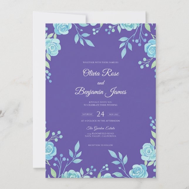 Invitation Mariage Violet Aqua Leaf (Devant)