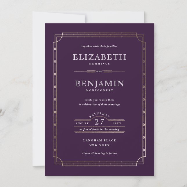 Invitation Mariage violet Art déco moderne Gold Foil (Devant)